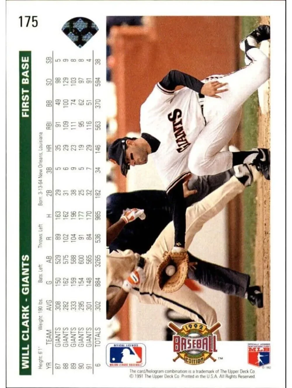 Will Clark 1992 Upper Deck MLB #175 Baseball Card San Francisco Giants